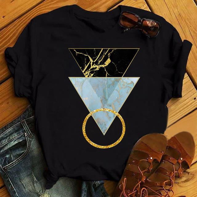 Neues Damen T-Shirt Mode Schwarz Tops Floral Geometrischer Druck T-Shirt Weiblich Lässig Kurzarm O-Ausschnitt T-Shirt Tops Kleidung