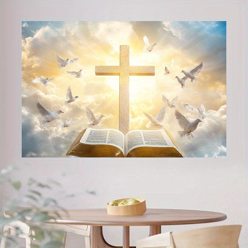 1Pcs2D Background Cloth for the Pentecost Festival Wall Cloth: Beautiful Cloud Background, Cross and Peace Dove Decorati