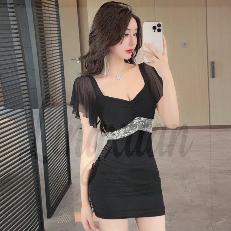 Genuine Sexy Dress: Flutter Sleeve Mesh V-Neck, Cinched Waist, Bodycon Skirt Large чёрный