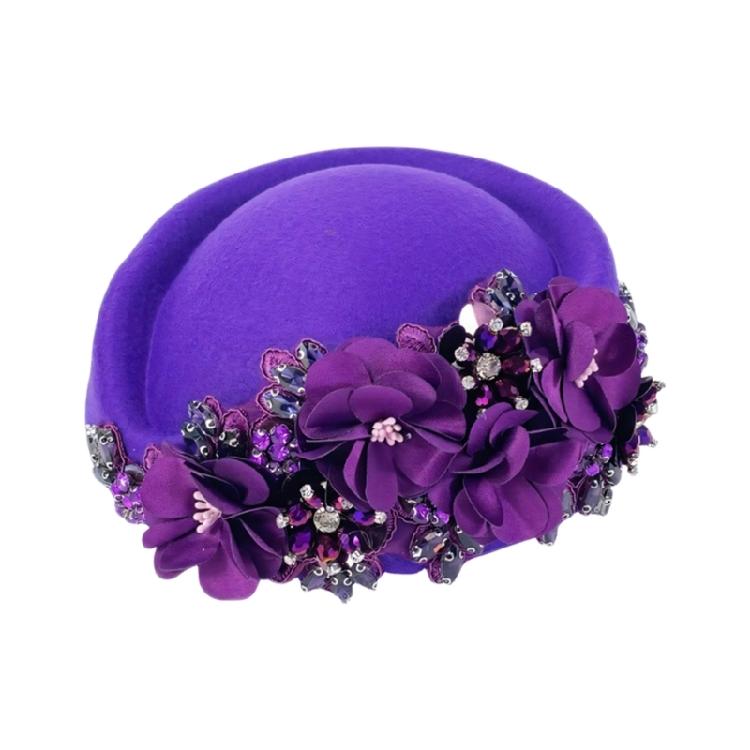 

Rhinestones Floral Decors Beret Cap For Women Casual and Formal Occasion Uniform Stewardess Hat for Cosplay Party Wear фиолетовый