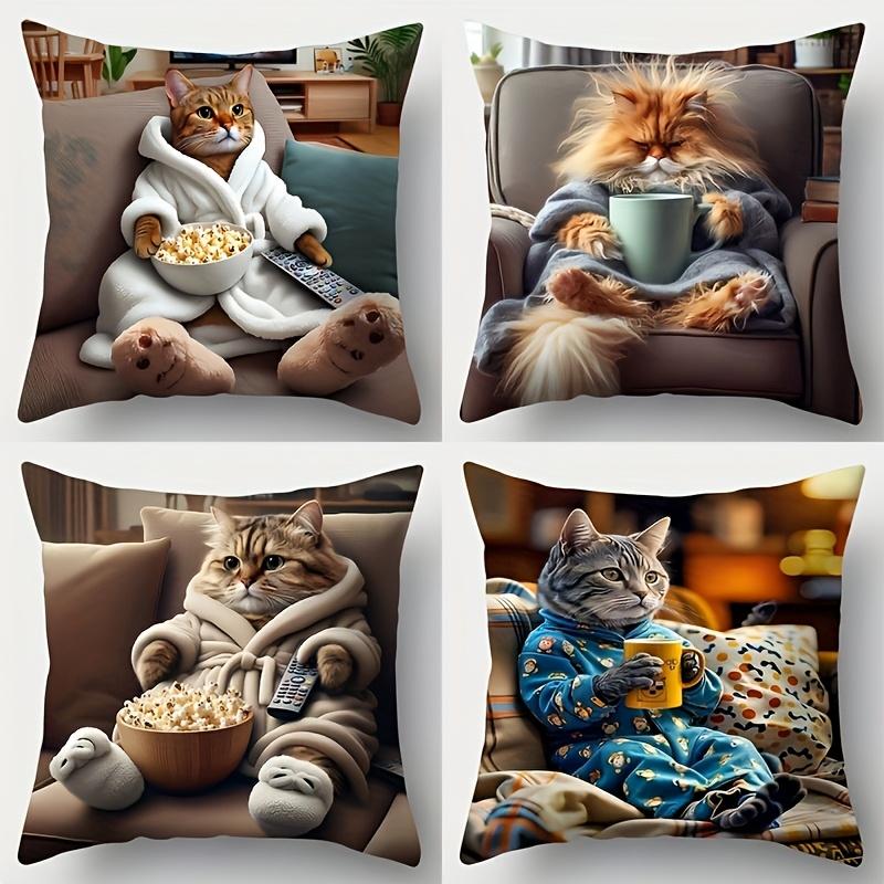 4pcs Cute Cat Printed Pillow Covers | Inch Polyester, Zipper Closure, Single-Sided Design, Hand Washable, Contemporary Style for Living Room (No Inser