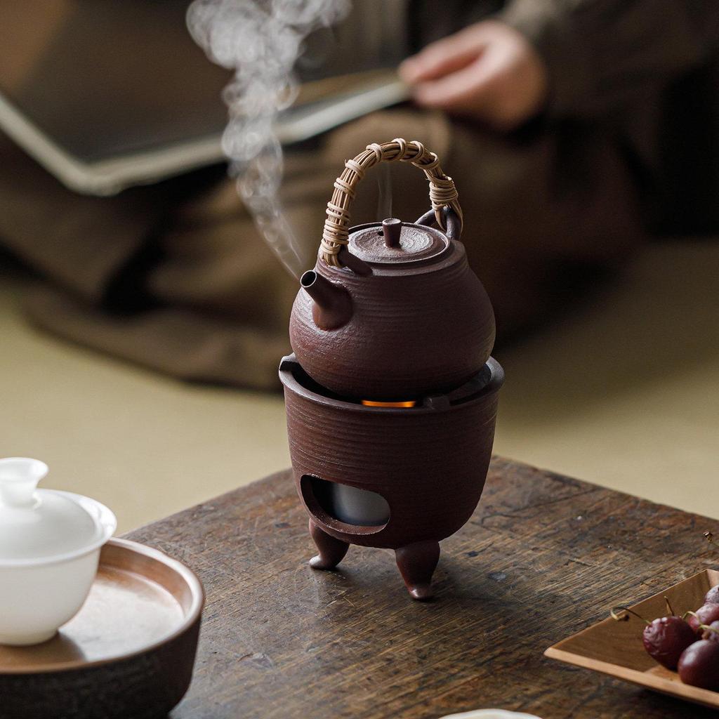 Guanlan Retro Chinese Coarse Pottery Tea Stove Set with Handle for Outdoor Camping