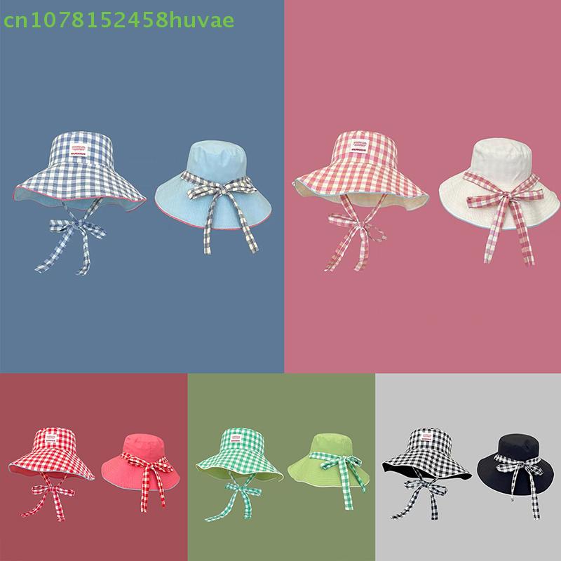 Unique Summer Outdoor Bucket Hat; Double-sided Plaid with Wide Lace-up Edge; Contrasting Sweet Colors for Women