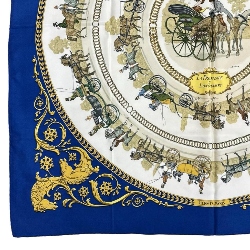 Hermes A Walk To Longchamps (LA PROMENADE DE LONGCHAMPS) Scarf Navy Blue Women Calle 90 Used