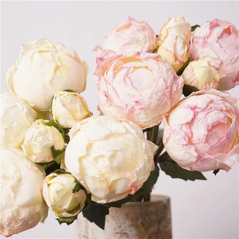 Artificial Handmade Burnt Edge Peonies Bouquet Silk Fake Flowers Office Decor Simulation Peony Bud Red Flower Table Decorative
