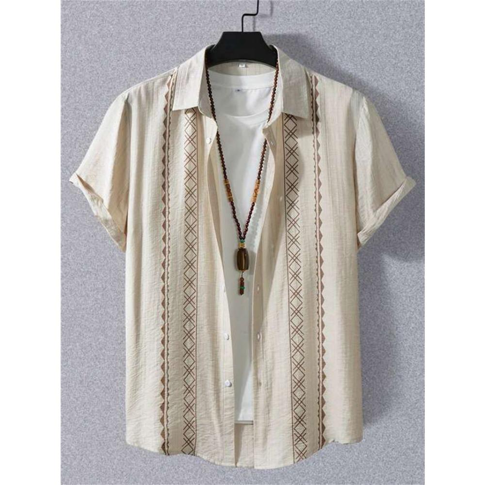 Men's retro patterned T-shirt, ethnic style shirt, casual short sleeved top, beach resort Hawaiian clothing, summer