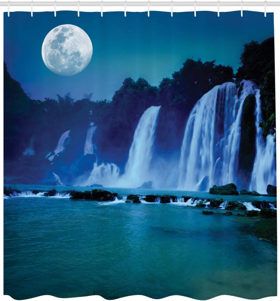 Moonlit Waterfall Shower Curtain with Hooks – Full Moon Night View, Cascading Falls & Turquoise Navy Nature Scene