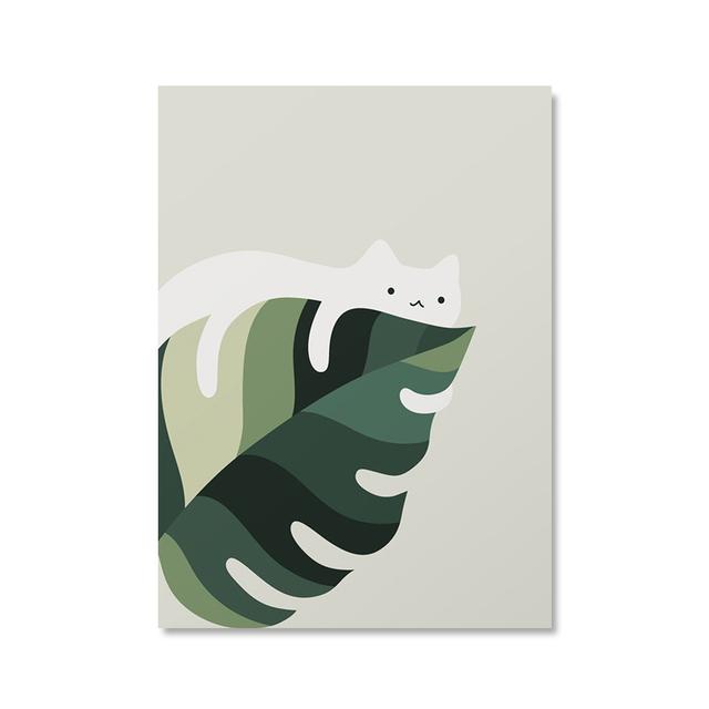 Nordic Animal Posters and Printed Canvas Paintings, Cat and Green Plant Walls, Art Plant Pictures, Children's Room