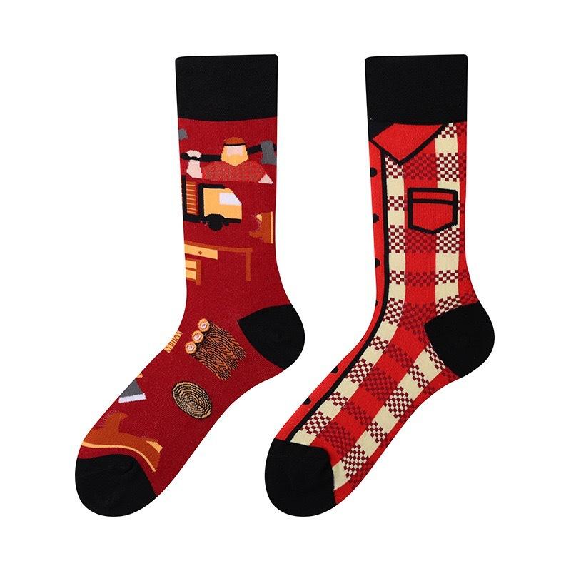 Unisex Asymmetric Design Cotton Crew Socks A B Pair Cartoon Streetwear Socks