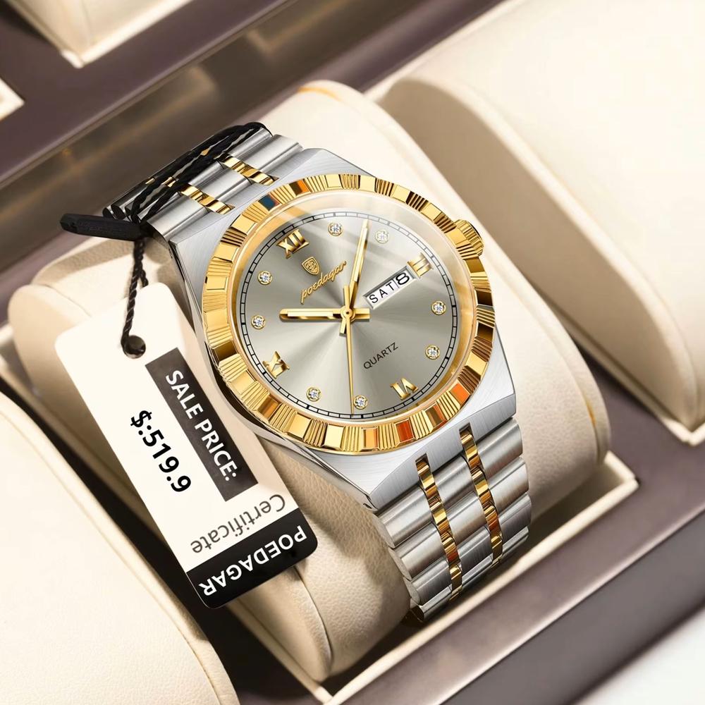 

Luxury Business Male Watch Waterproof Luminous Week Date Men s Wristwatch Stainless Steel Trendy Quartz Watches срібний/синій