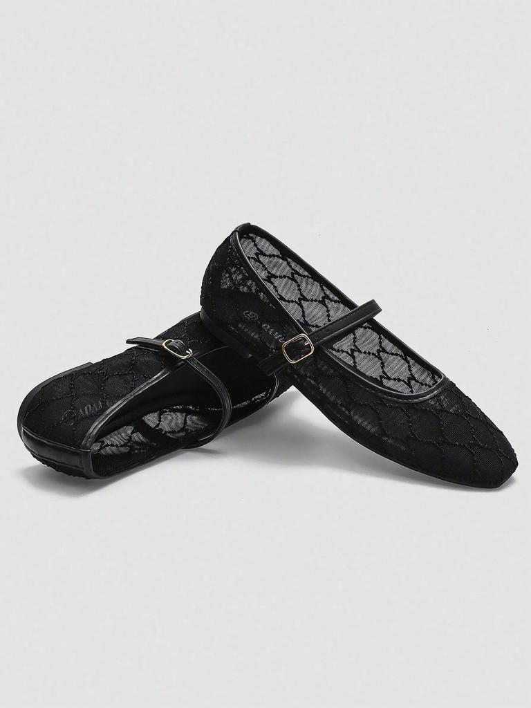 Women's Black Square Toe Ballet Mary Jane Flats with Geometric Square Pattern and Black Buckle Strap