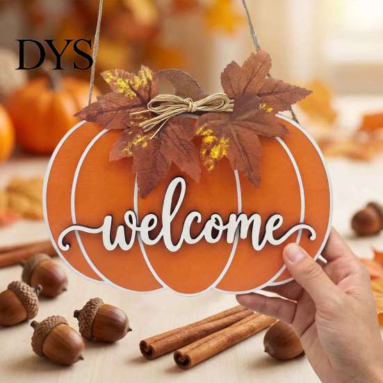 Forniture per Festa del Ringraziamento Segno di Benvenuto in Legno a Forma di Zucca per Porta d'Ingresso, Ciondolo Appeso Rustico del Raccolto Autunnale con Decorazione Murale Autunnale in Stile Fattoria 3D Goffrato