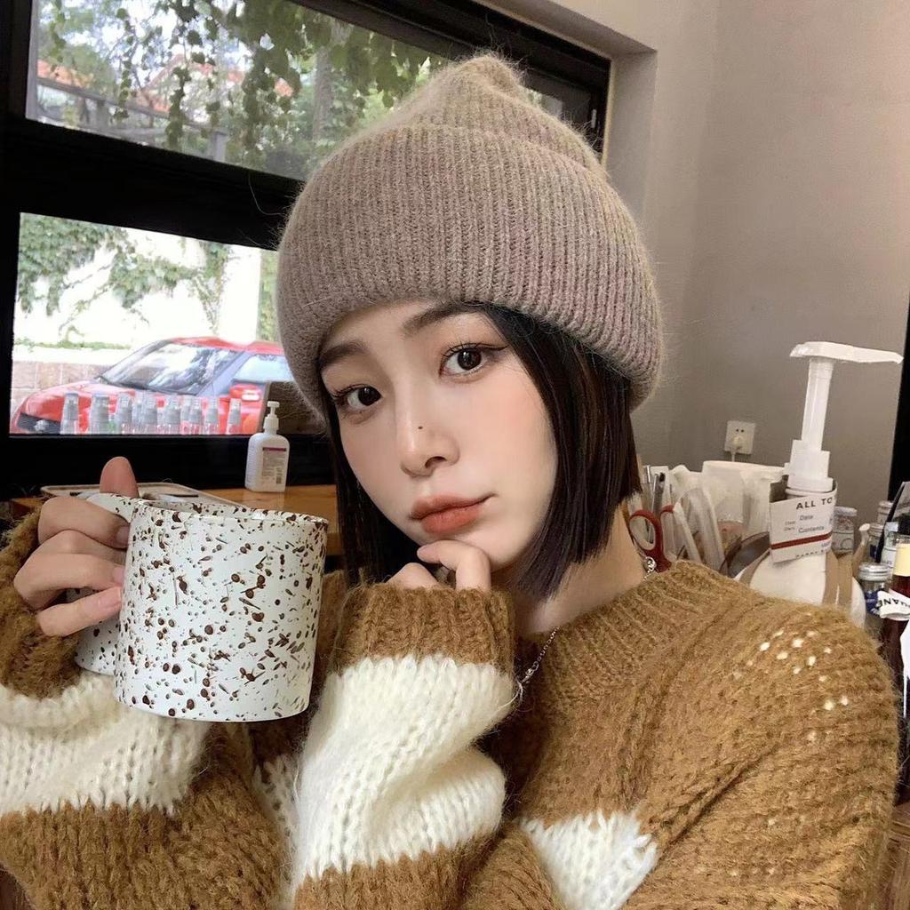 Internet celebrity Angola rabbit hair solid color light board autumn and winter versatile candy color vertical stripe outdoor warm knitted hat women