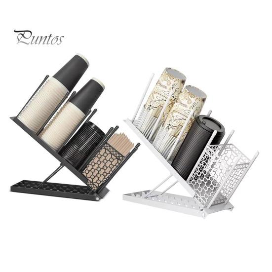 Kopphållare för kaffekoppar, organizer med lock och suporhållare, 4 fack, kaffekoppsdispenser, justerbar kaffebarsorganizer