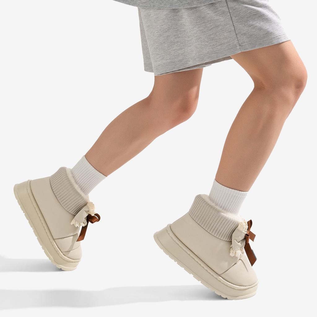 Snow boots for women in winter, waterproof and anti slip, with thickened velvet and butterfly bow to increase height, wearing cotton shoes outside