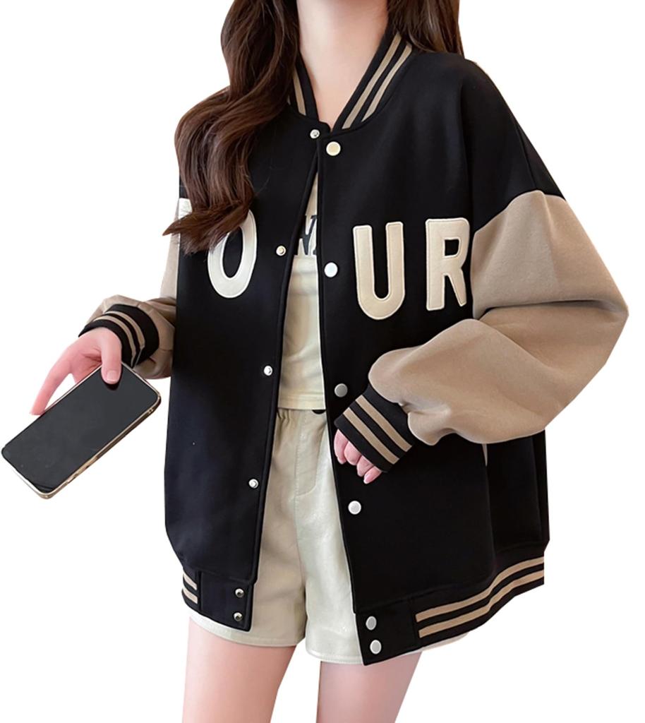 JIYUTOR Long Sleeve Stadium Thick Track Jacket with English Stylish Oversized Women's Jacket, Print, Sweatshirt, Fit, Fleece-Lined, Two-Tone Design,