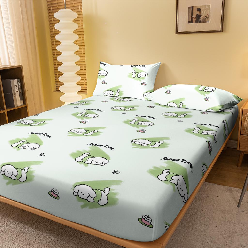1 Cartoon Cute Animal Dog Printed Matte Fitted Sheet, Bedroom Printed Bed Cover, Bedding (Excluding Pillowcases)