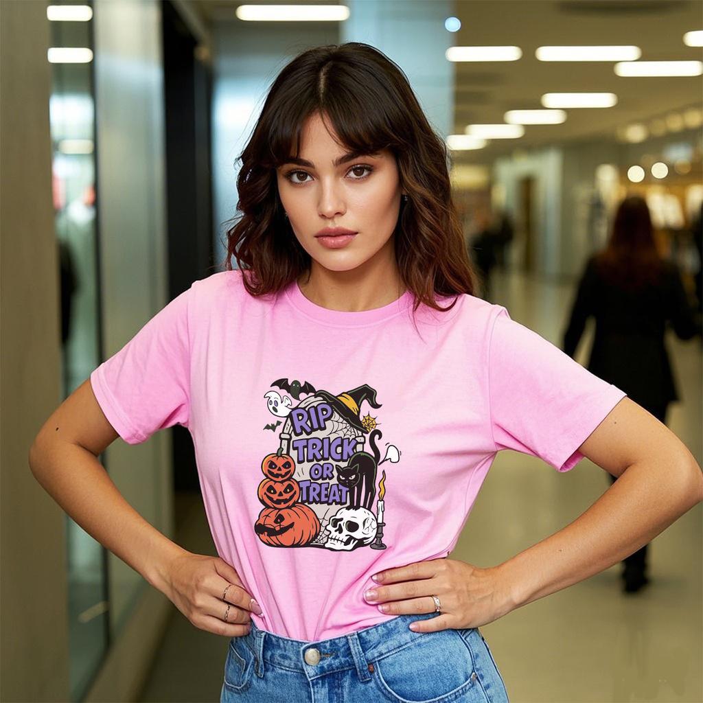 Halloween Pumpkin Print Short Sleeved Round Neck Versatile Fashion Womens Tshirt for Spring and Summer