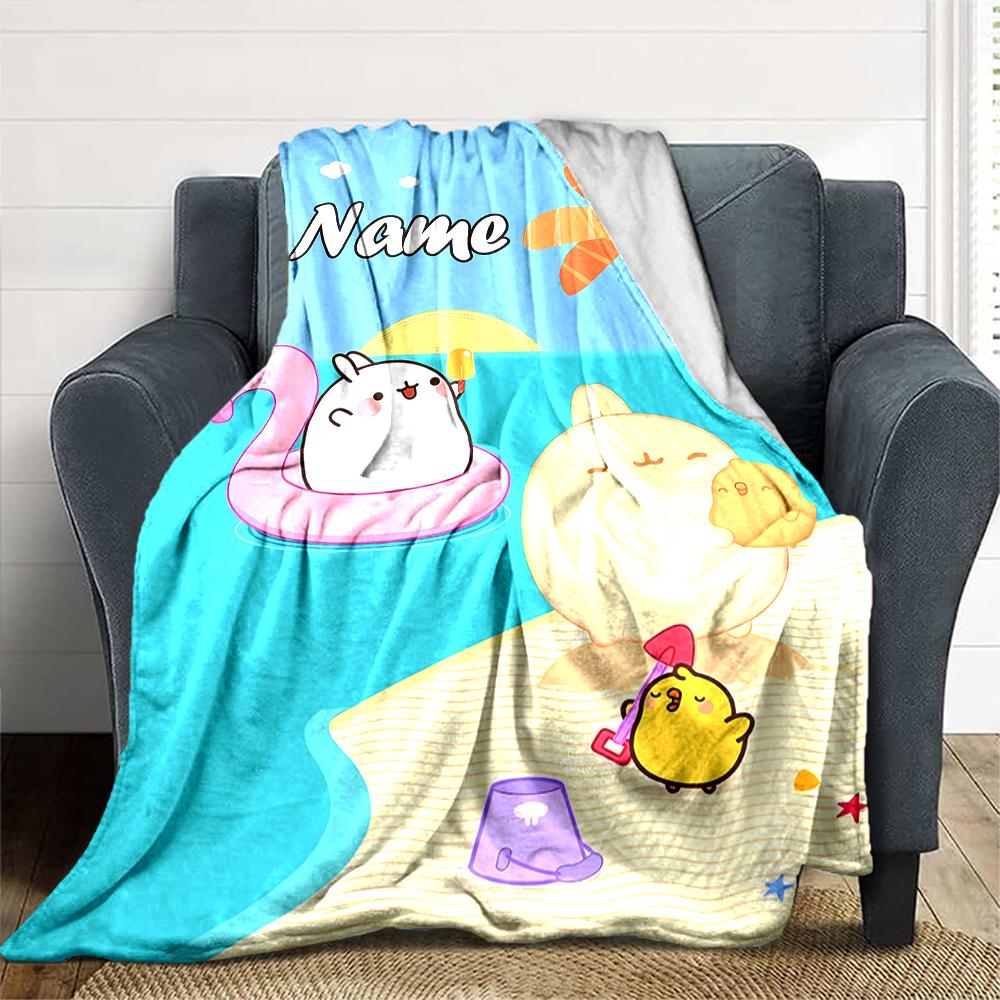 Customiz Name Personality Molang Blanket Soft &Warm Sofa Office Bed Travel Lunch Break Blanket, Gift Suitable All Seasons