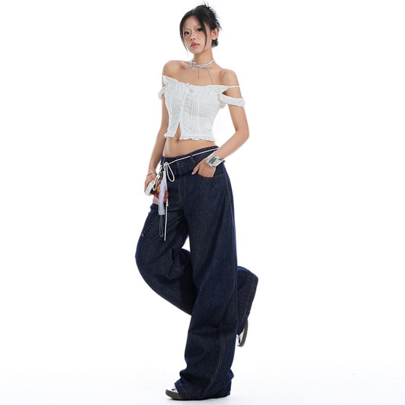 2025 Spring Women's Ruffle Edge Double Waist Saber Pants in Washed Spicy Street Style