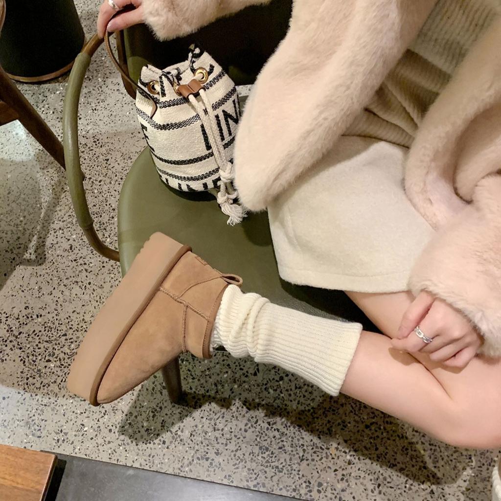 XD2 leather home fleece short boots thick-soled snow boots women's plush cotton slippers