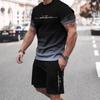 Summer Gradient Color Short Sleeved Shorts Set 3D Printed Simple Letter Gradient T-shirt Two-piece Set Men's Sport Wear