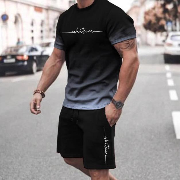 Summer Gradient Color Short Sleeved Shorts Set 3D Printed Simple Letter Gradient T-shirt Two-piece Set Men's Sport Wear