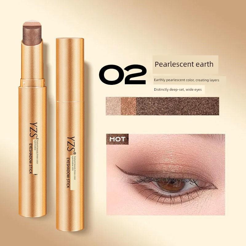 Famous Brand Genuine Lazy Three-Color Gradient Eyeshadow Stick, One-Swipe Application, Non-Smudging, Pearlescent Earth Tones for Beginners