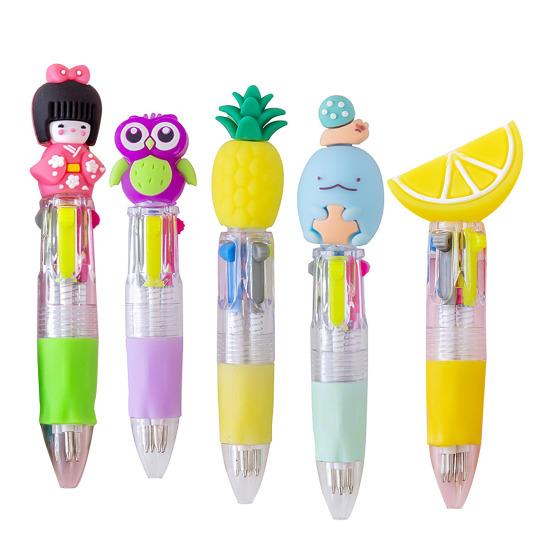 Cute 4-Color Ballpoint Pen Animal Toppers Retractable Cartoon Pens 0.7mm Tip Novelty Writing Pen for School Supplies