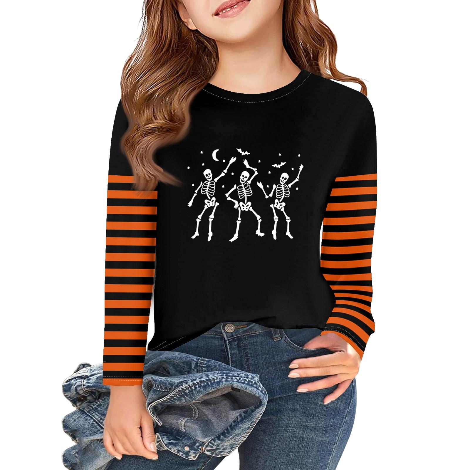 

Футболки с длинным рукавом для девочек на Хэллоуин, детские осенние топы с круглым вырезом, базовые футболки 2-11 лет 110