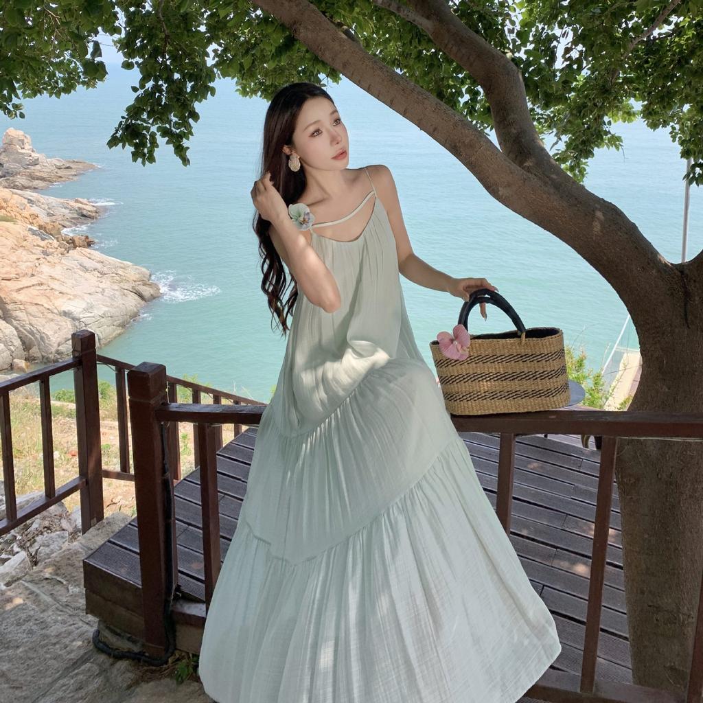 Source Mint Mambo Holiday Style Oversized Skirt Suspender Long Dress Three-dimensional Flower Temperament Dress Women