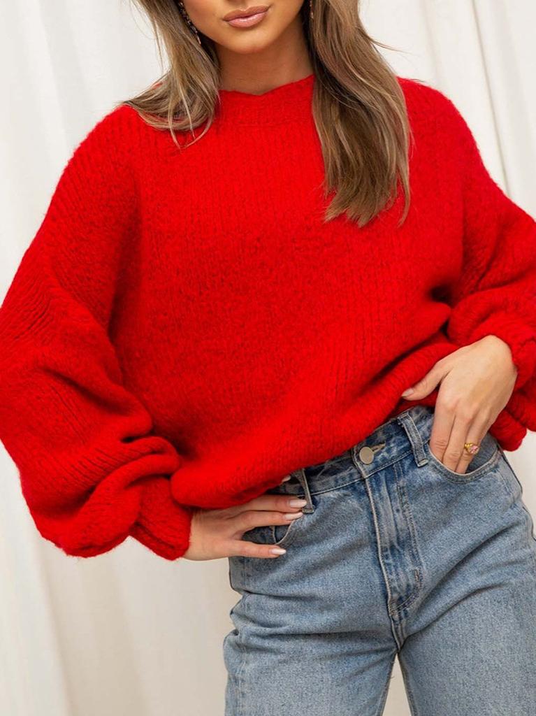 Women's Casual Solid Color Sweater Crew Neck Long Sleeve Knit Pullover Soft Warm Top