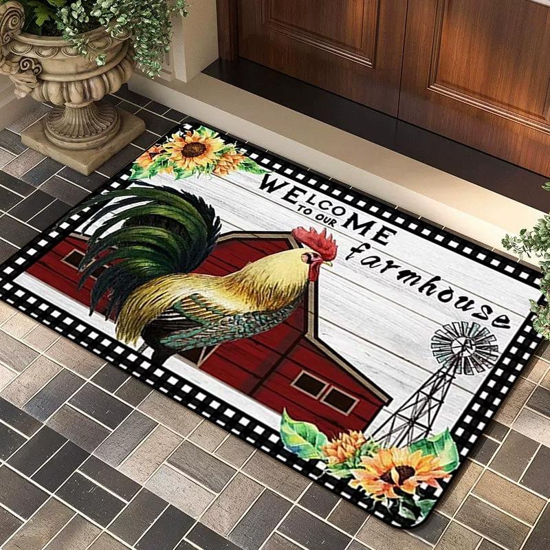 Farmhouse Rooster Patterned Area Rug Artistic Sunflower Print Carpet Soft Non Slip Floor Mat For Entryway Doorway Home Decor