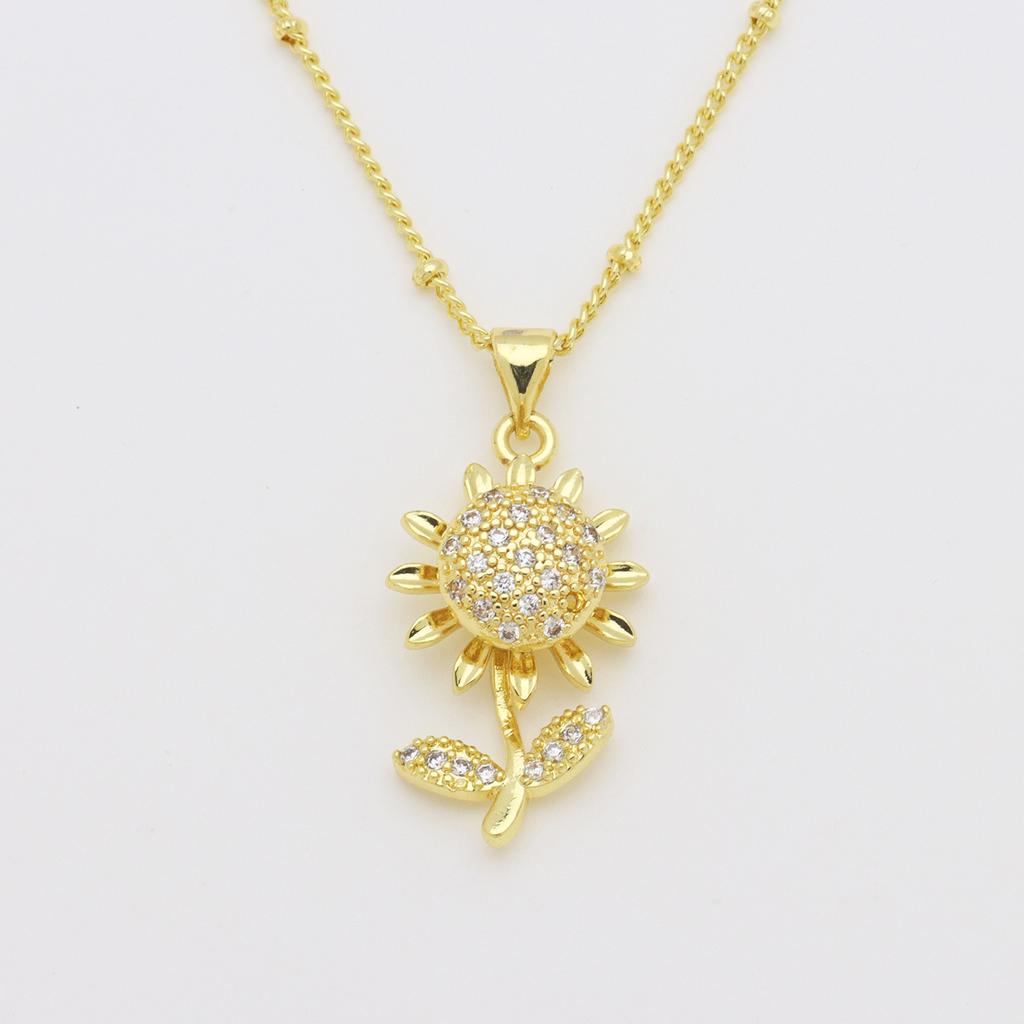 Copper Gold-Plated Full Zircon Sunflower Blooming Double-Layer Three-Dimensional Rotatable Necklace Pendant