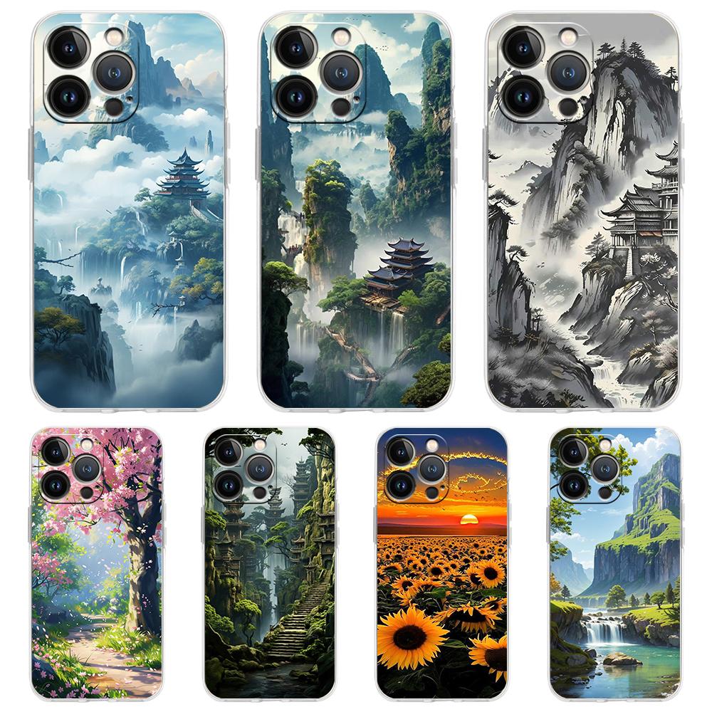 For iPhone 15 16 14 13 12 mini 11 Pro Max XS X XR SE 7 8 Plus Silicone Clear Cover Landscape Art Luxury Phone Case