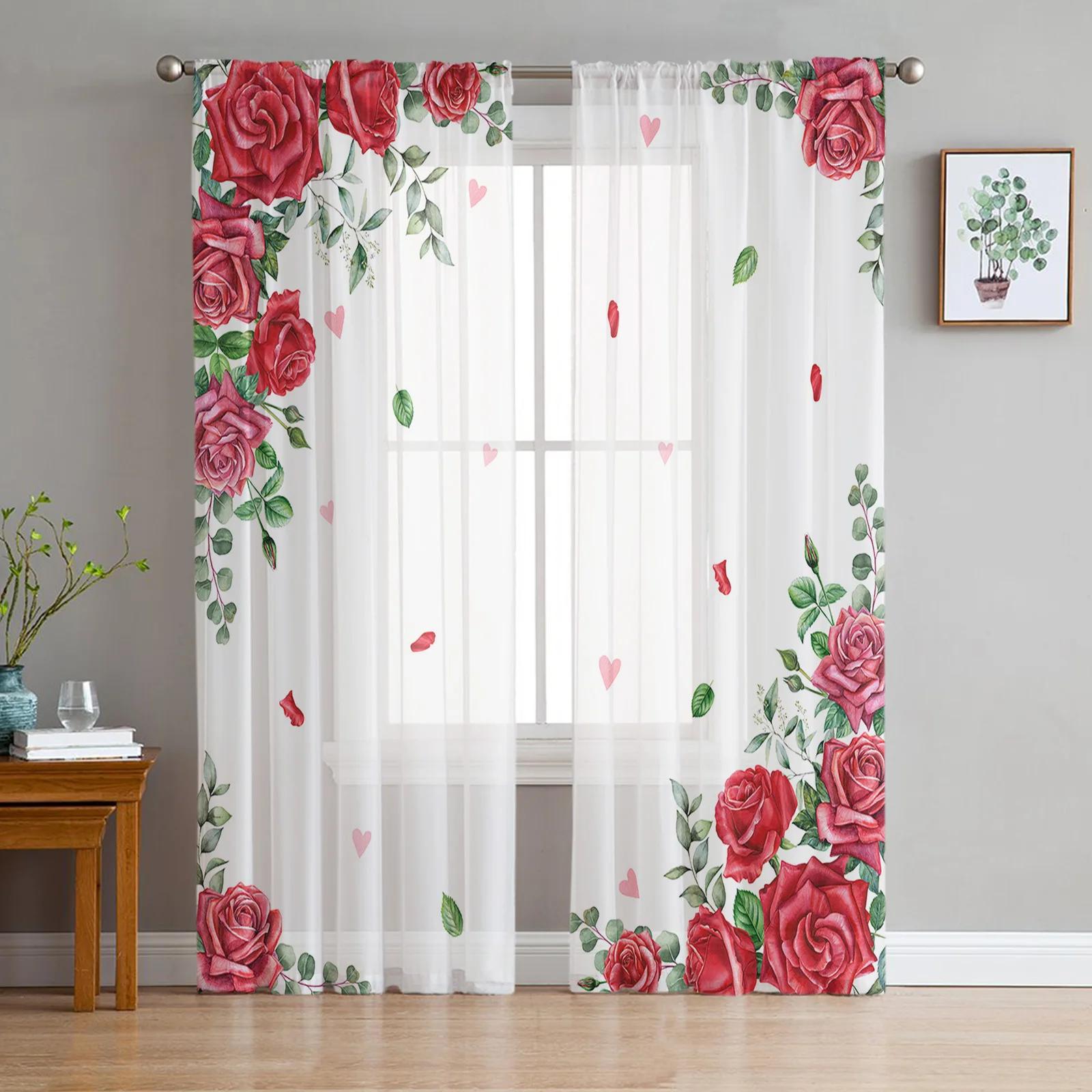 

Wedding Floral Blooms Rose Blossom Transparent Curtains Living Room Window Panel Soft Tulle Curtains For Bed Chamber Cooking Area Household W135 x H115cm x1&Rod Pocket