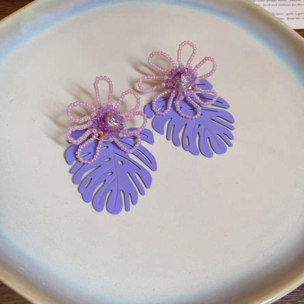 Exaggerated Beaded Flower Earrings Hollow Out Purple Flower Earrings Leaf Drop Earrings  Women