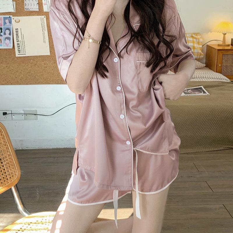 

Летняя пижама из ледяного шелка женская однотонная простая ветровка с коротким рукавом и лацканами, кардиган, можно носить как верхнюю одежду, комплект для дома 2XL