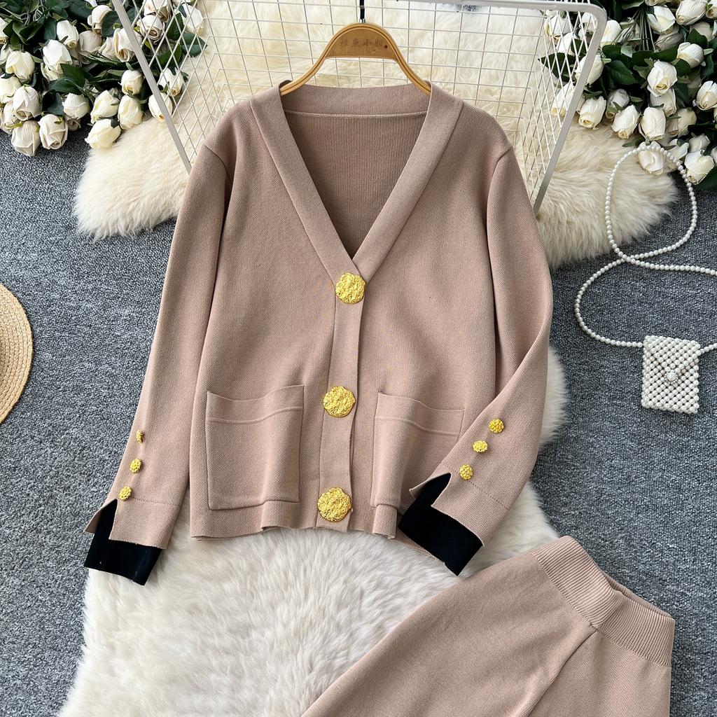 Autumn Winter Women Casual Knitted Sweater Trouser Two Piece Set Big Gold Button Single Breasted Jacket Tops and Elastic Waist Pant Tracksuit