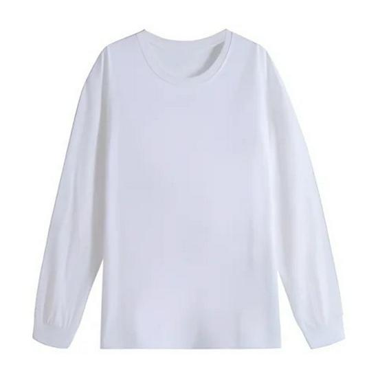 Women's Pure Cotton Slimming Kitty Print White Long-Sleeve T-Shirt with Cinch-Bottom