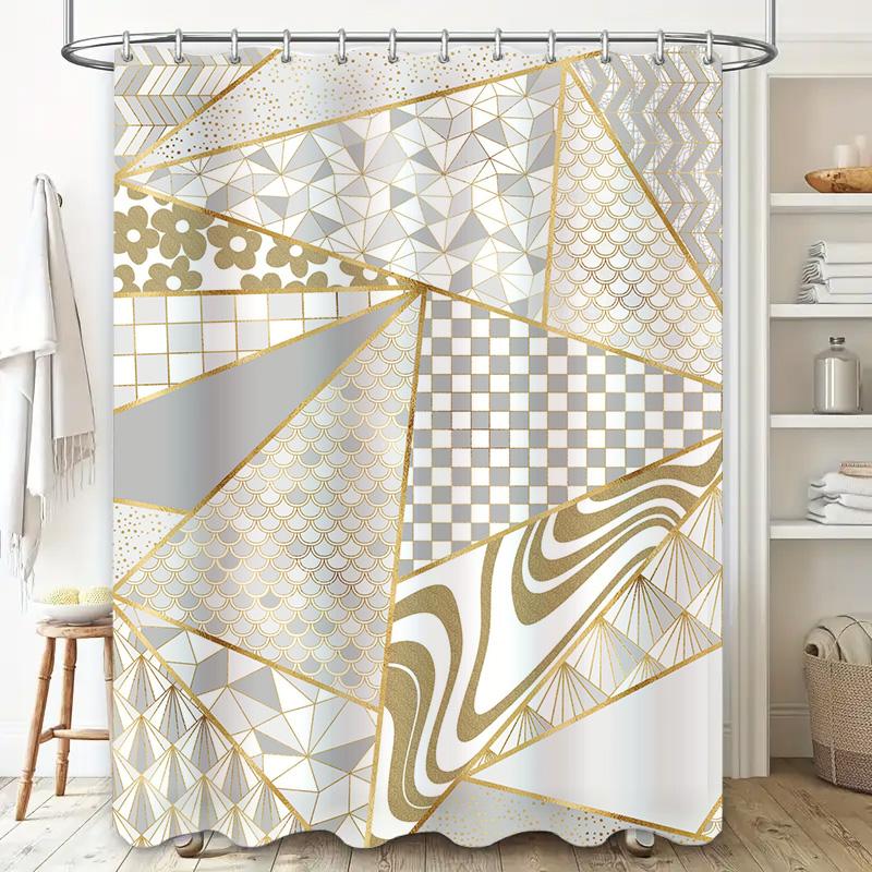 White Gold Geometric Shower Curtain, Luxury Bathroom Decor, Modern Bathtub Cover Waterproof Fabric for Wet Areas, 72 x 84 Inches