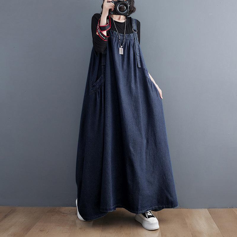 

Spring, summer and autumn long dress retro loose and thin denim strap skirt long swing dress M синий