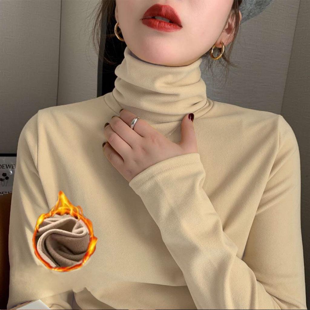1pcs Women Autumn Winter Thickening Warm Long-sleeved T-shirt Pile Collar Thermal Underwear Fashion High Collar Slim Thermal Top
