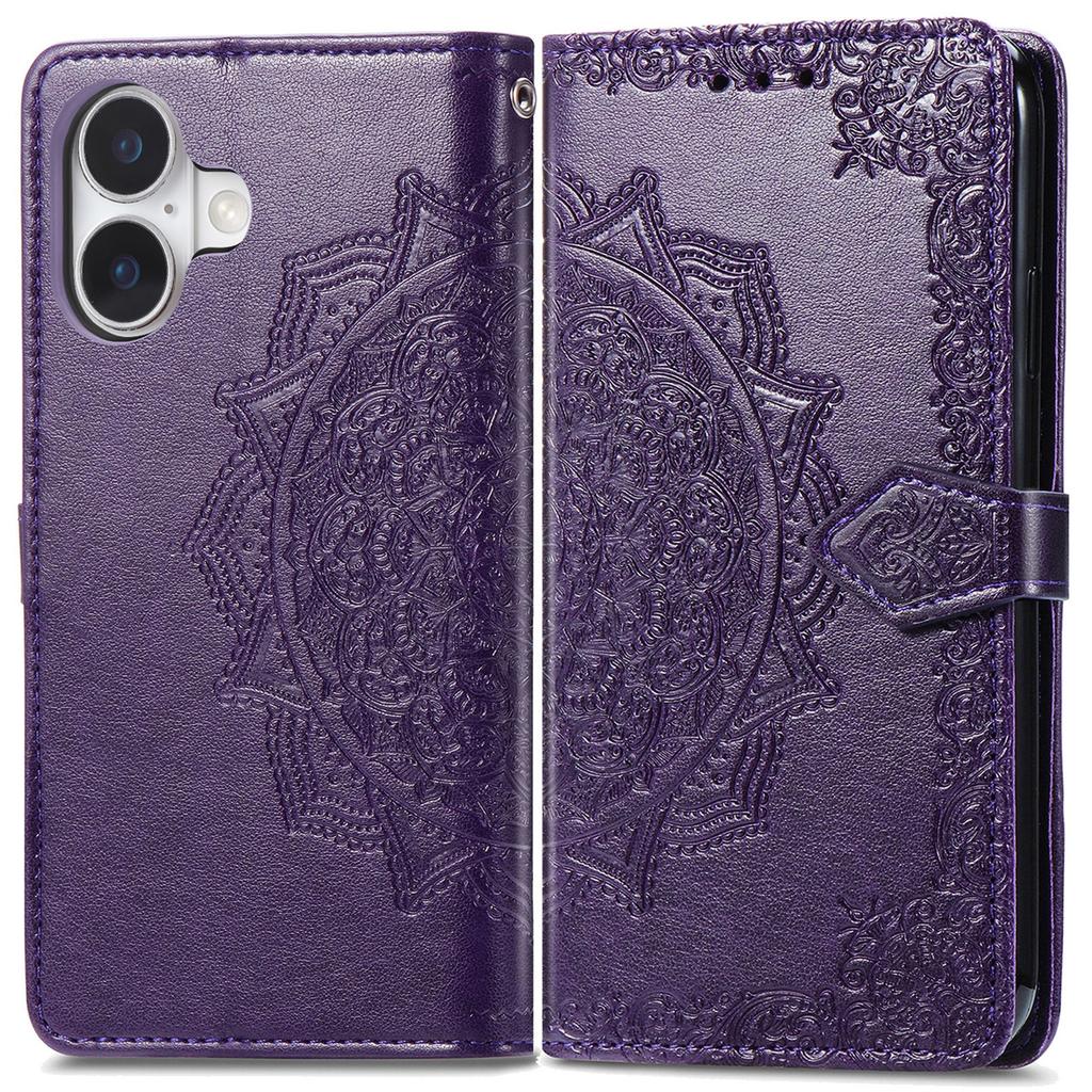 For iPhone 16 Case Embossed Mandala Pattern Leather Phone Cover Wallet Card Slot Holder