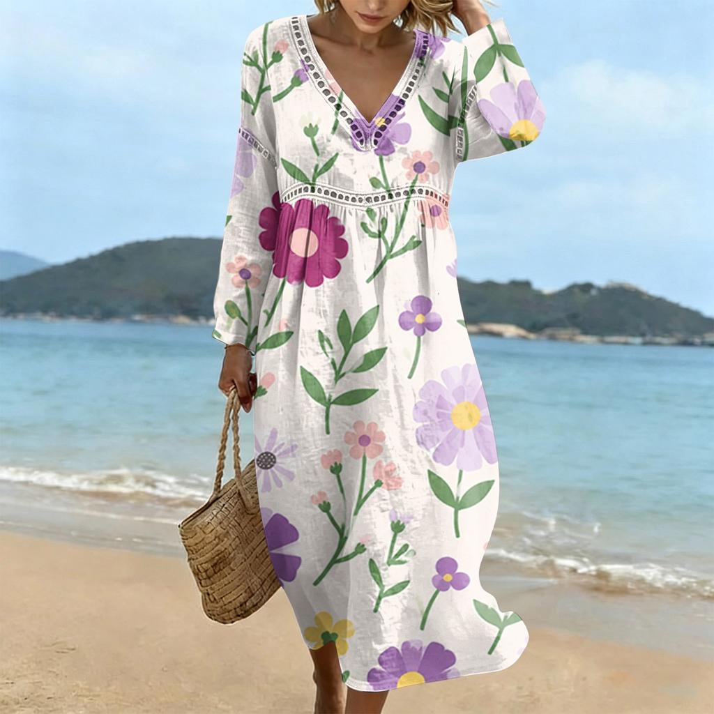 Fashionable Lady's V-neck Mid-length Casual Long-sleeved Dress