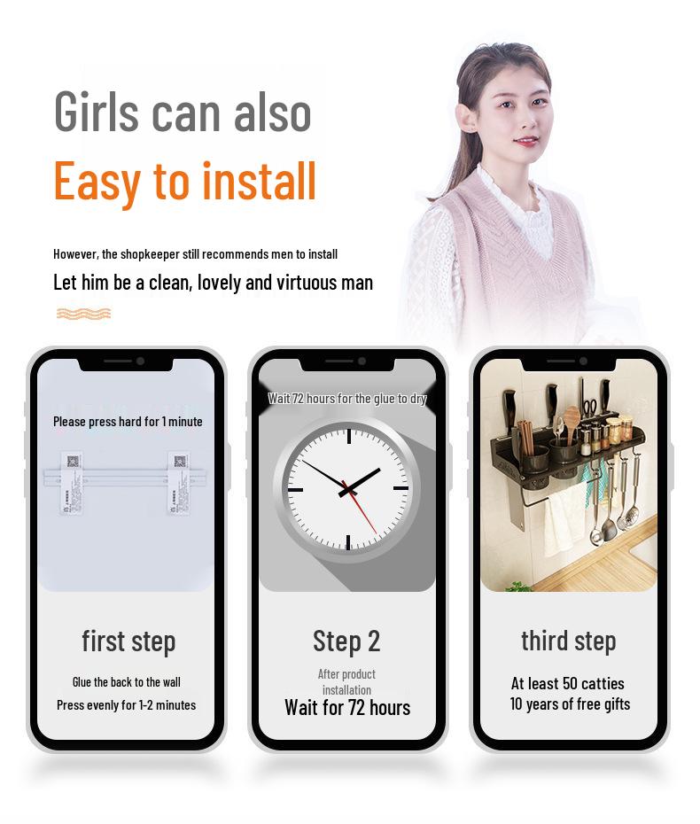 Wall-Mounted 304 Stainless Steel Kitchen Rack: Punch-Free Knife Holder & Multifunctional Seasoning Storage.