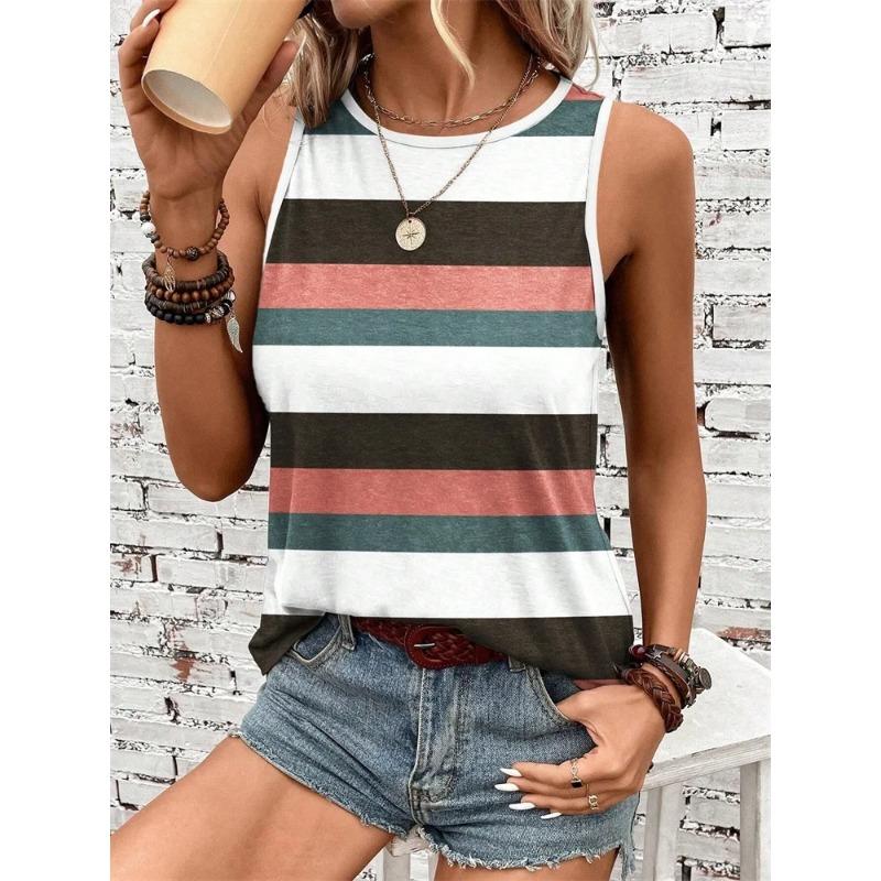 Women's Sleeveless Round-neck Vests Fashionable Geometric Color Block Printed Summer Street Fashion Casual Wear