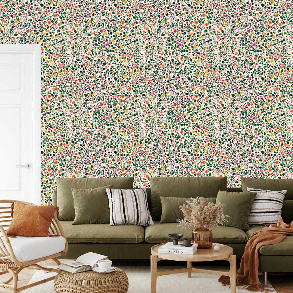 Wallpaper Small Flowers Green and Beige for Living Room and Bedroom 50x1000