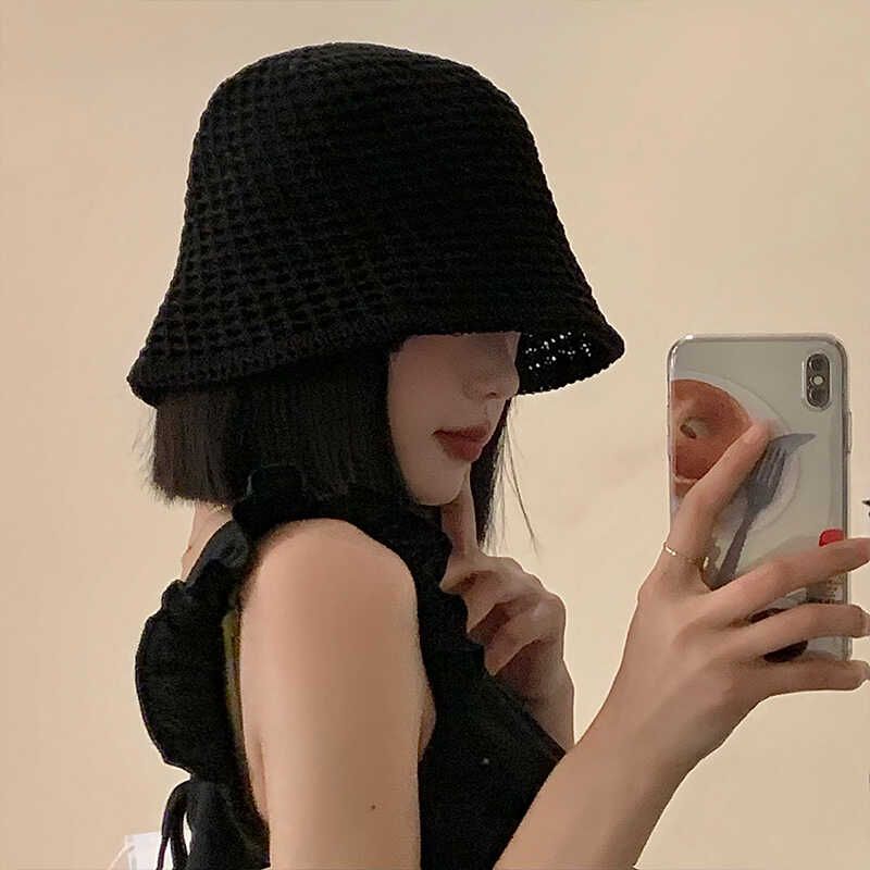 

Woven Hollow Breathable Fisherman Hat Wig Women Short Hair Wave Head Summer Sun Protection Bald Head Fashion Face-Looking Small Plaid Black + Brown Black Wave Head +3 Piece Set