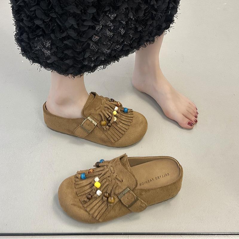 Baotou Slippers New Thick-soled Beaded 2025 Summer Retro Boken Shoes Half a Pack of Cool Slippers To Wear Outside